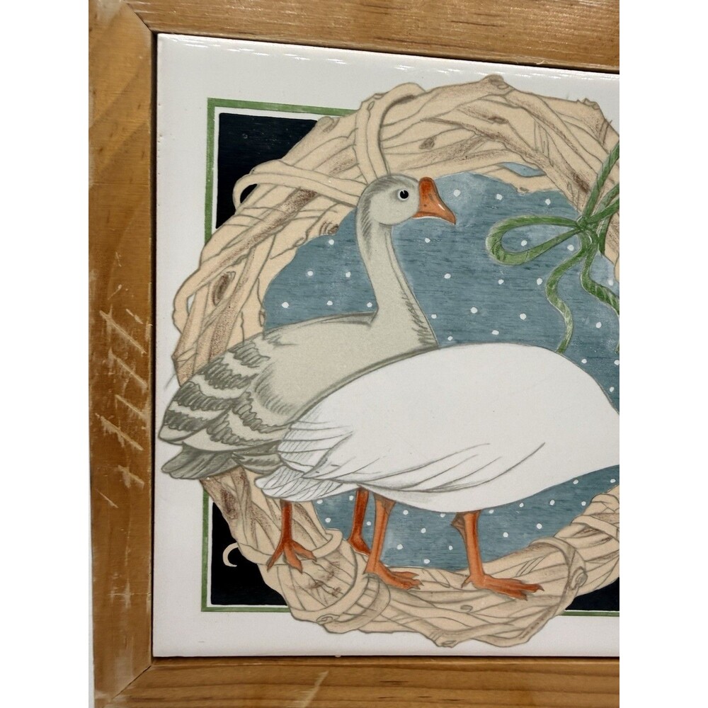 Vintage Geese In Wreath Vandor Pelzman Ceramic Tile Wood Trivet Hot Pad 1981 - Picture 3 of 11